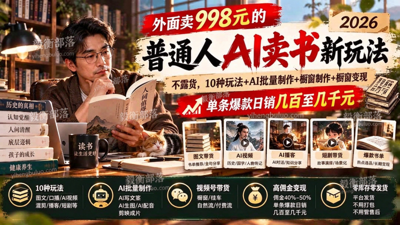 （20909期）外面卖998元的2026普通人AI卖书新玩法：不露脸、不囤货，10种玩法+AI批量制作+橱窗变现，单条爆款日销几百至几千元-毅衡部落