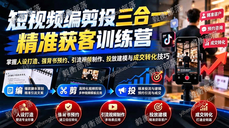 (20910期)短视频编剪投三合一精准获客训练营:掌握人设打造、强背书预约、引流视频制作、投放建模与成交转化技巧