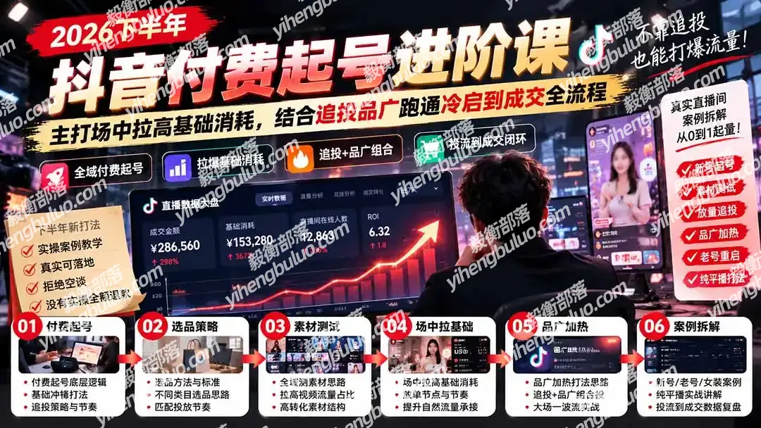 2026下半年抖音付费起号进阶课-更新1019:主打场中拉高基础消耗,结合追投品广跑通冷启到成交全流程-毅衡部落
