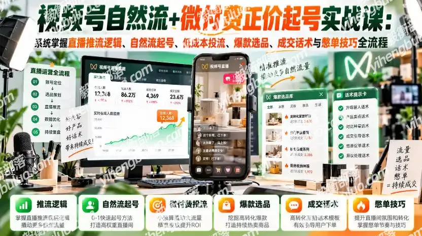 视频号自然流+微付费正价起号实战课:系统掌握直播推流逻辑、自然流起号、低成本投流、爆款选品、成交话术与憋单技巧全流程