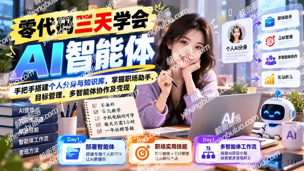 【无水印】零代码三天学会AI智能体:手把手搭建个人分身与知识库,掌握职场助手、目标管理、多智能体协作及变现-毅衡部落