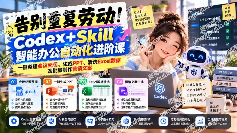 告别重复劳动!Codex+Skill智能办公自动化进阶课:一键整理会议纪要、生成PPT、清洗Excel数据及批量制作营销文案-毅衡部落