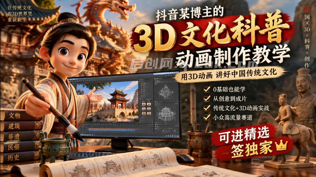抖音某博主的3D文化科普动画制作教学,用3D动画呈现中国传统文化,可进精选签独家,单日收益1k+ 抖音某博主的3D文化科普动画制作教学,用3D动画呈现中国传统文化,可进精选签独家,单日收益1k+