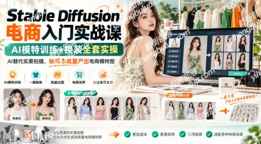Stable Diffusion电商入门实战课,AI模特训练+换装全套实操,AI替代实景拍摄,低成本批量产出电商模特图