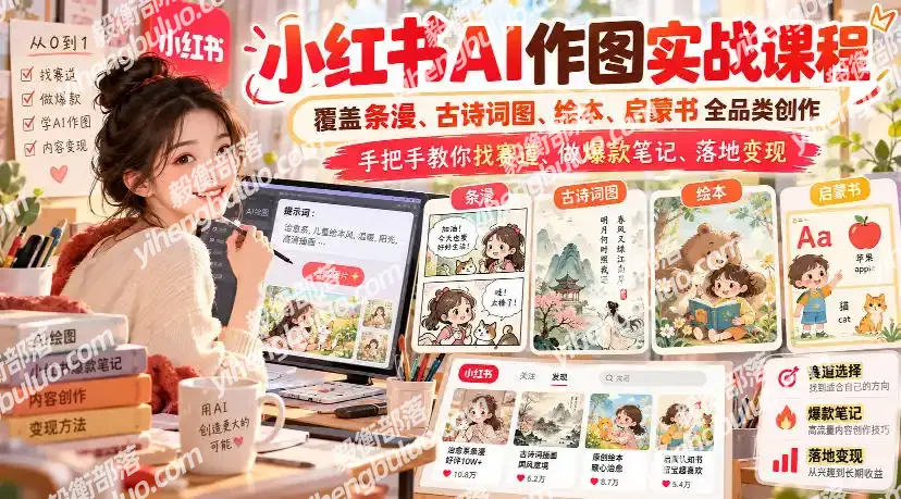 小红书AI作图实战课程，覆盖条漫、古诗词图、绘本、启蒙书全品类创作，手把手教你找赛道、做爆款笔记、落地变现(更新1017)-毅衡部落