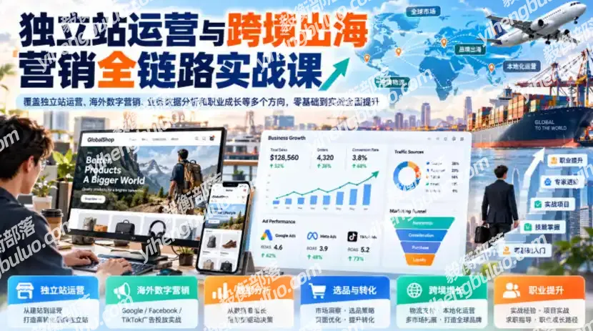 独立站运营与跨境出海营销全链路实战课,覆盖独立站运营、海外数字营销、业务数据分析和职业成长等多个方向,零基础到实战全面提升