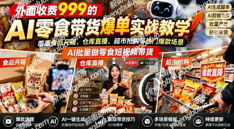 外面收费999的AI零食带货爆单实战教学,覆盖食品开箱、仓库直播、超市抢购等热门爆款场景,AI批量做零食短视频带货-毅衡部落