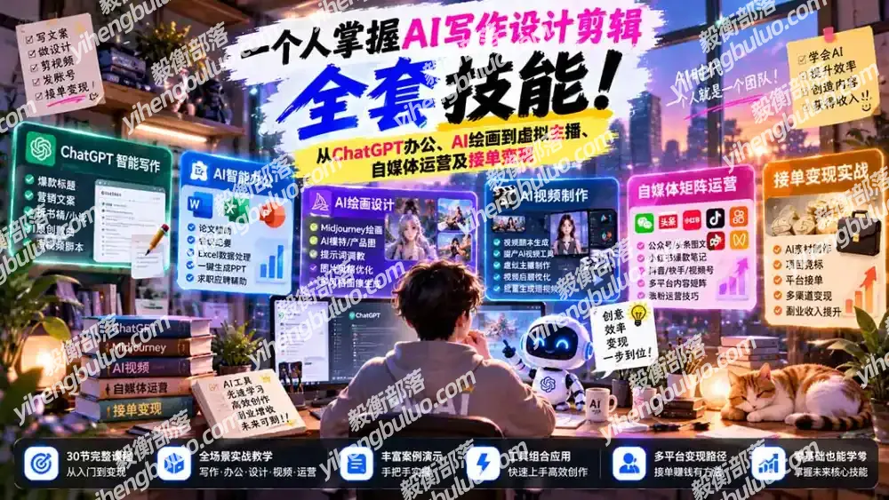 一个人掌握AI写作设计剪辑全套技能:从ChatGPT办公、AI绘画到虚拟主播、自媒体运营及接单变现