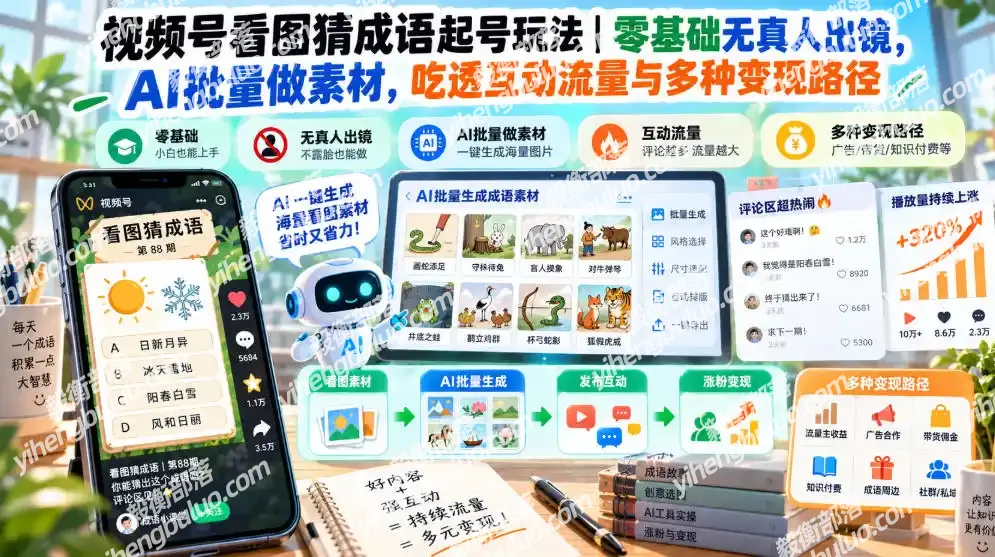 视频号看图猜成语起号玩法|零基础无真人出镜,AI批量做素材,吃透互动流量与多种变现路径