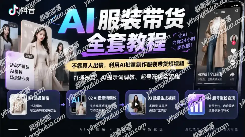 抖音AI服装带货全套教程,不靠真人出镜,利用AI批量制作服装带货短视频,打通选品、AI提示词调教、起号涨粉全流程-毅衡部落