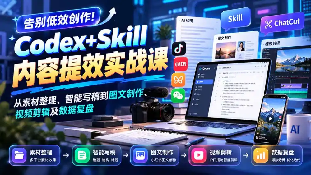 【无水印】告别低效创作!Codex+Skill内容提效实战课:从素材整理、智能写稿到图文制作、视频剪辑及数据复盘-毅衡部落