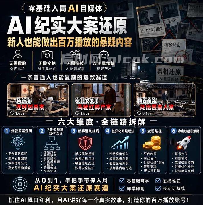 抖音8W粉丝博主的AI纪实大案还原教学，新人也能做出百W播放的悬疑内容，抓住AI风口红利，用AI讲好每一个真实故事